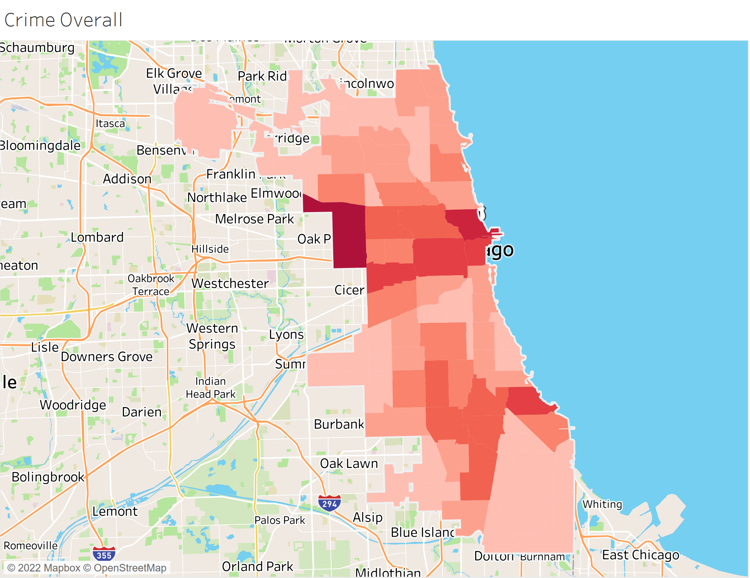 Chicago crime density choropleth map showing crime distribution across community areas